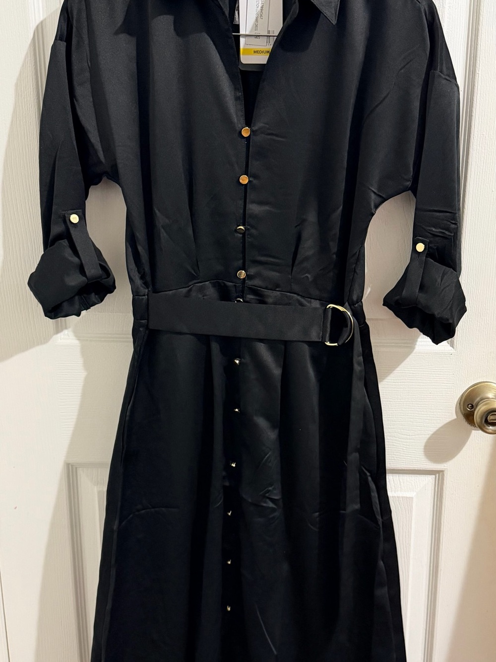 French Connection Black Midi Shirt Dress with Gold Buttons & Belt